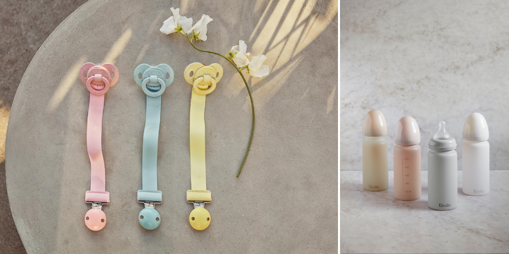 Elodie pacifier clip of recycled polyester and glass feeding bottle