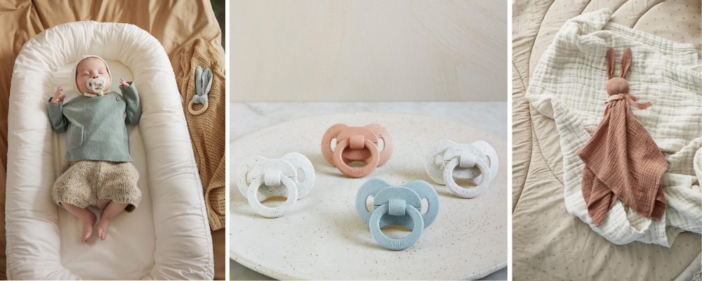 The bamboo pacifiers are now also available for newborns. And baby nests have been added to the Elodie range.