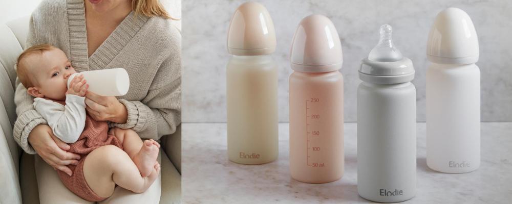 The Elodie glass baby bottle has a protective coating of food-grade silicone.