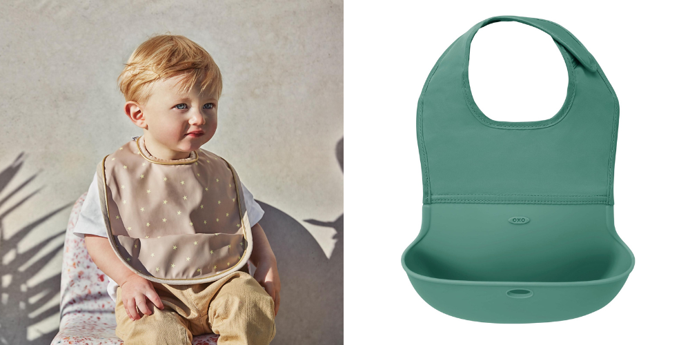 10 x great gifts for a gender reveal party - Elodie bib with pocket OXO Tot rol-up bib for babies